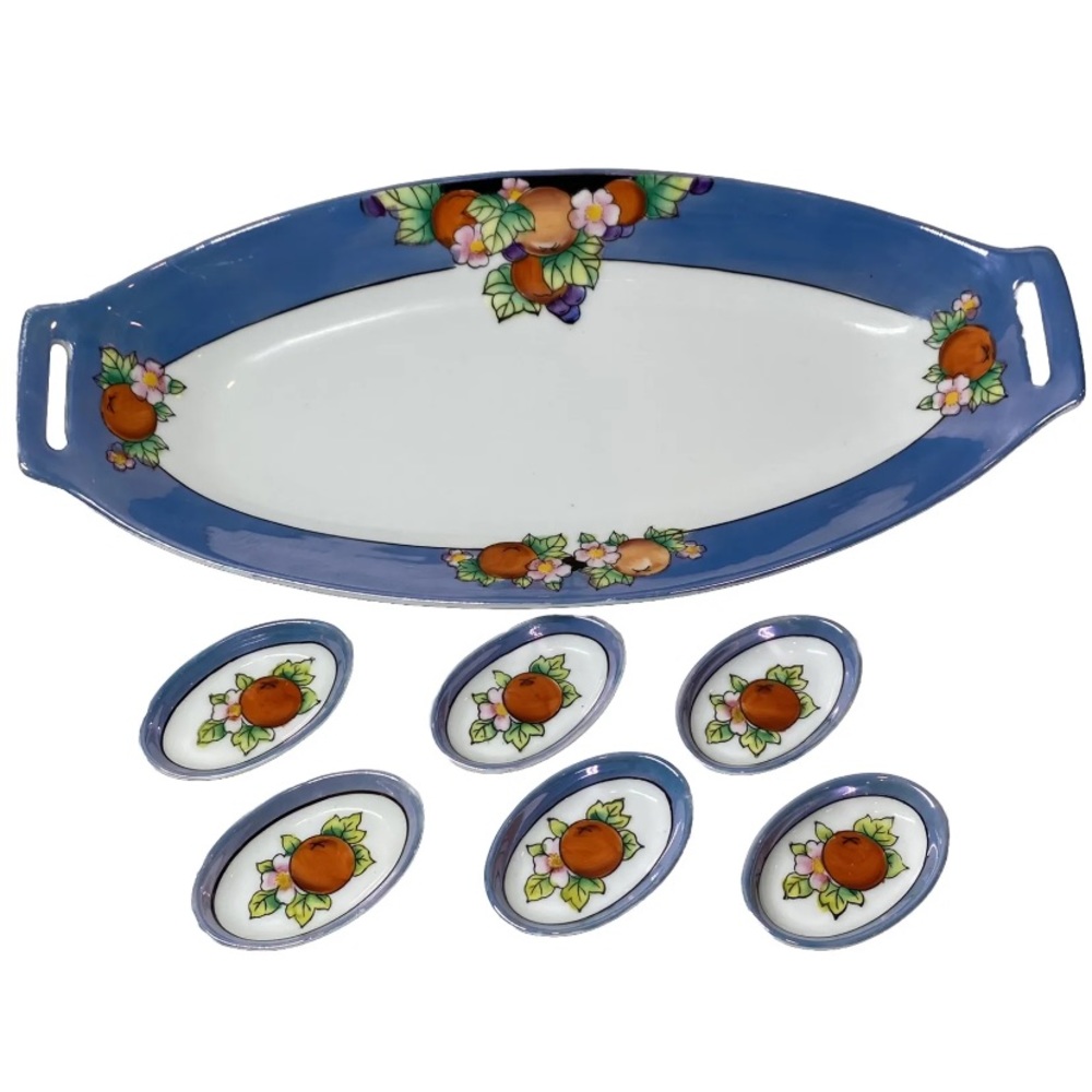 Noritake Lusterware Celery Dish & 6 Salt Dips Floral & Fruit Pattern, Japan Made